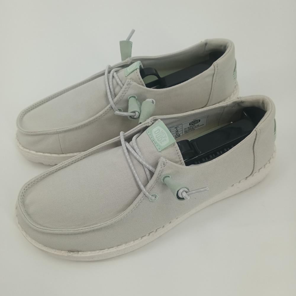 Hey Dude Wendy Canvas Grey Mint Green Slip On Loafers 40386-030 Womens 7